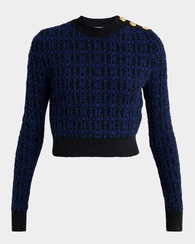Button-Shoulder Boucle Knit Crop Sweater